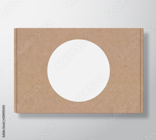 Craft Cardboard Box Container with Clear White Round Label Template. Realistic Carton Texture Packaging Mock Up with Soft Shadow.