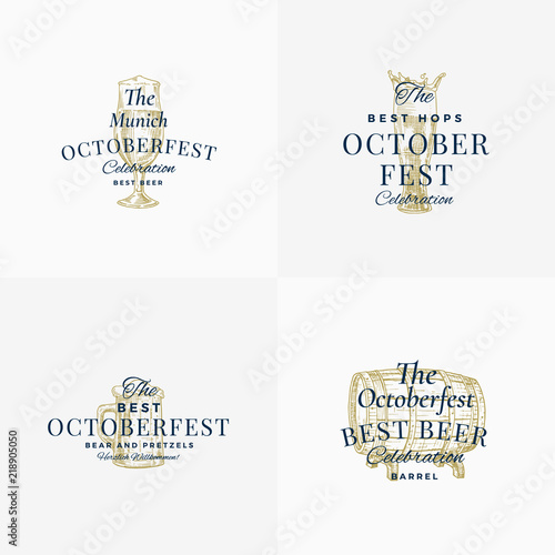 Octoberfest Beer Festival Abstract Vector Signs, Symbols or Logo Templates Set. Hand Drawn Beer Barrel, Mug and Glass Sketch with Classic Typography. Vintage Beer Emblem or Label.