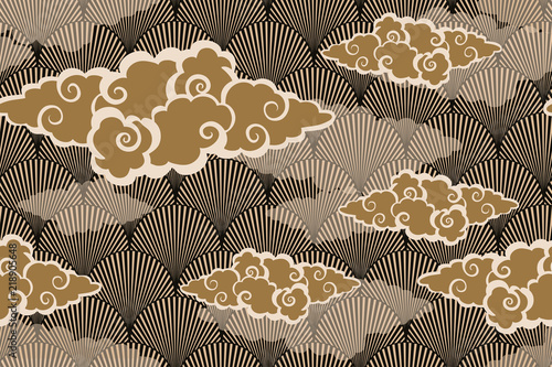 asian style wallpaper with clouds over stylized forest in gold
