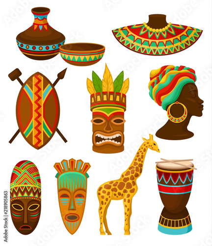 Collection of authentic symbols of Africa, crockery, weapon, mask, drum with traditional ethnic ornament vector Illustrations on a white background