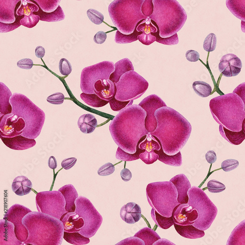 Watercolor illustrations of orchids. Seamless pattern