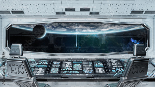 Fototapeta Naklejka Na Ścianę i Meble -  White clean spaceship interior with view on planet Earth 3D rendering