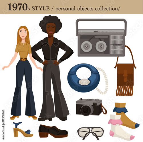 1970 fashion style man and woman personal objects