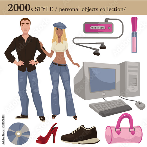2000 fashion style man and woman personal objects