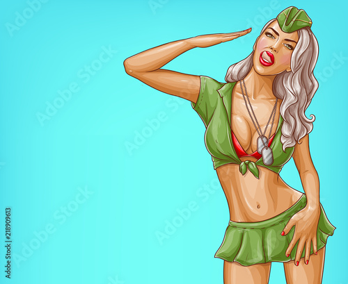 Fototapeta Wektor pop-artu dziewczyna wojskowa w zielonej spódnicy i paszy, atrakcyjny symbol sił powietrznych lub marynarki wojennej. Seksowny flirty charakter na białym tle na niebieskim tle. Kobieta z żetonów, jettons na plakat, baner