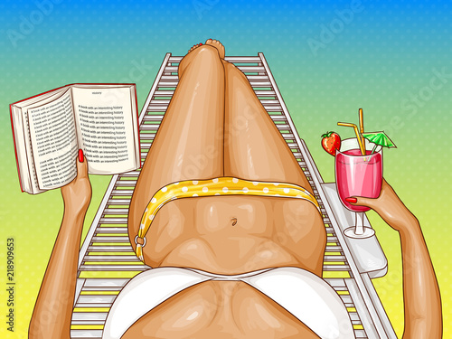 Vector pop art woman in bikini with book, lying on chaise-longue. Top perspective view of sexy body with long legs for ad poster. Poster with summer girl relaxing on deck chair with cocktail in hand