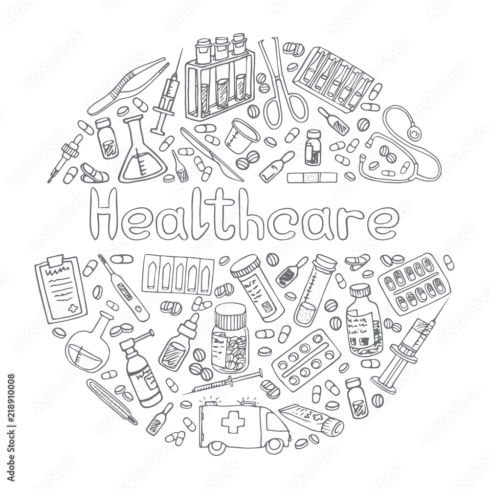 Hand drawn medicine doodle isolated vector illustration