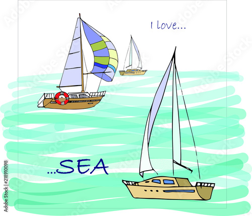 light sailboats swim along the waves of the azure sea, postcard on the sea theme