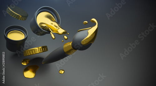 Gold paint with splashes pouring out of bucket and brush falling