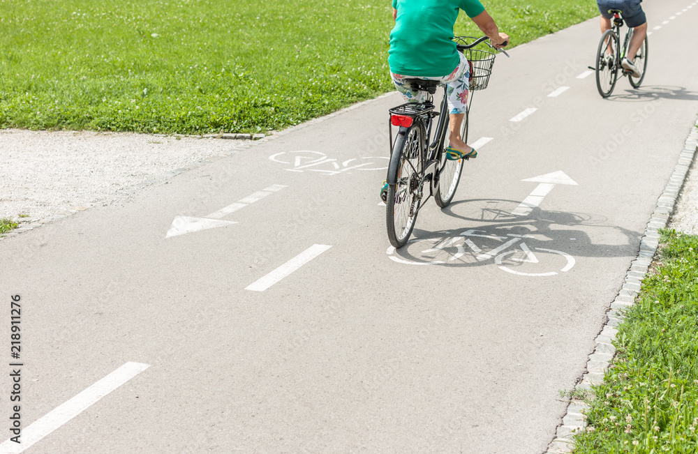 Fototapeta premium bicye lane with signs on asphalt in park