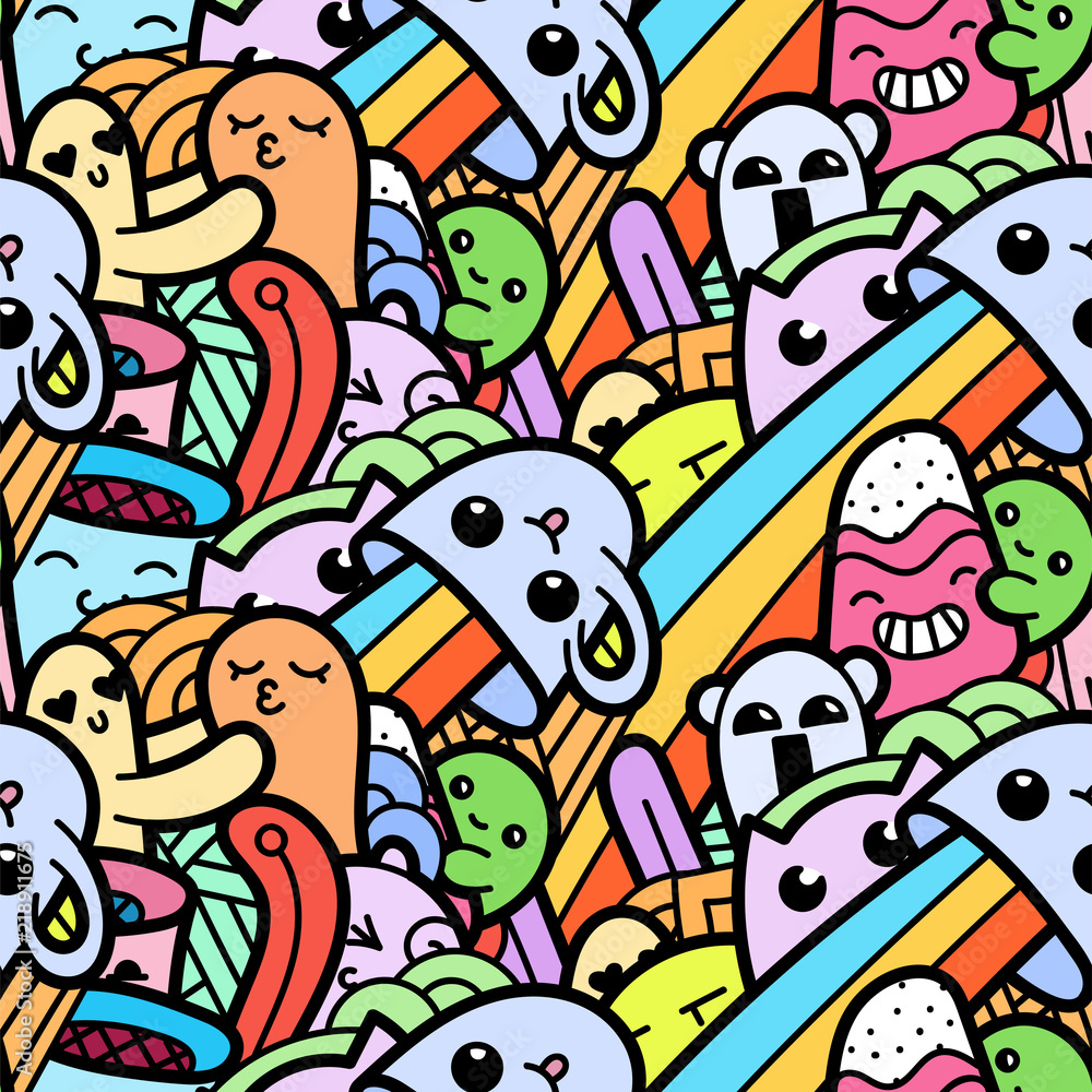 Fototapeta Funny doodle monsters seamless pattern for prints, designs and coloring books