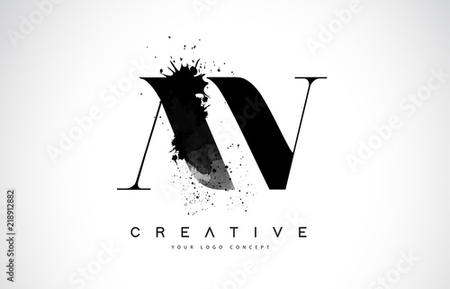 AV A V Letter Logo Design with Black Ink Watercolor Splash Spill Vector.
