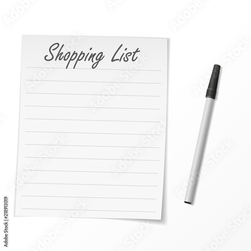 Shopping list paper and pen. Vector Illustration