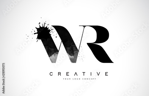 WR W R Letter Logo Design with Black Ink Watercolor Splash Spill Vector.