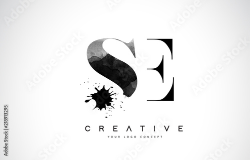 SE S E Letter Logo Design with Black Ink Watercolor Splash Spill Vector.