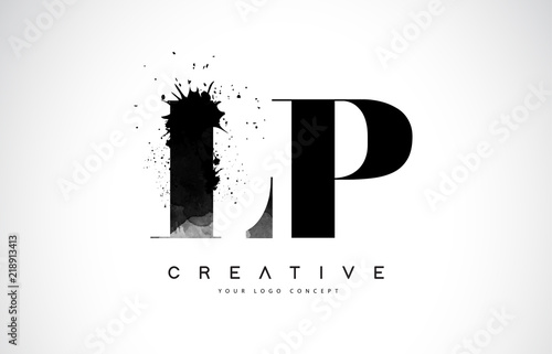 LP L P Letter Logo Design with Black Ink Watercolor Splash Spill Vector.