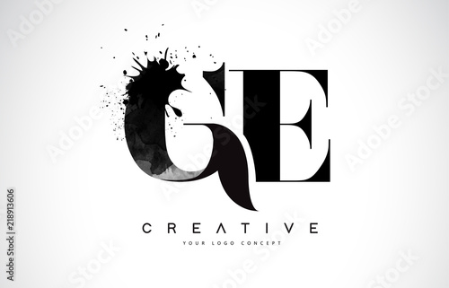 GE G E Letter Logo Design with Black Ink Watercolor Splash Spill Vector