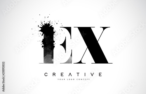 EX E X Letter Logo Design with Black Ink Watercolor Splash Spill Vector.