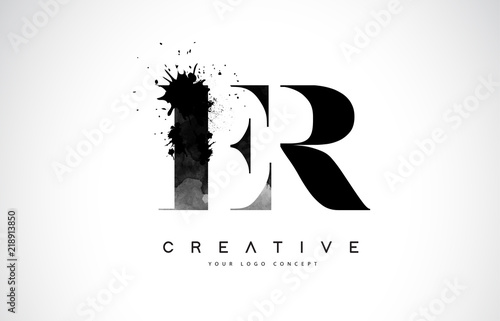 ER E R Letter Logo Design with Black Ink Watercolor Splash Spill Vector.