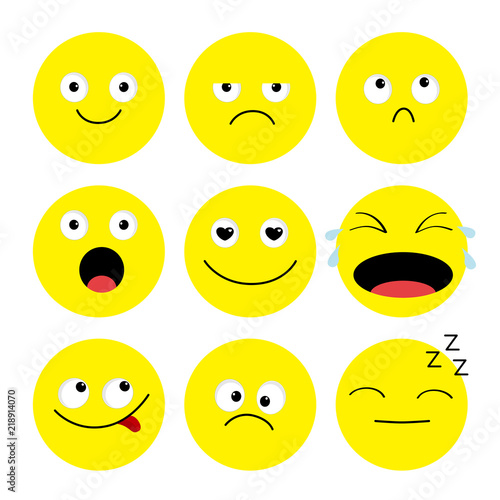 Emoji icon set. Emoticons. Funny kawaii cartoon characters. Emotion collection. Happy, surprised, smiling crying sad angry face head. Flat design White background. Isolated.
