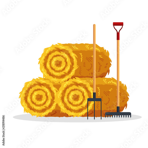 Bale of hay isolated on white background. Flat dried haystack with forks and rake, farming haymow bale hayloft, agricultural rural haycock - vector illustration