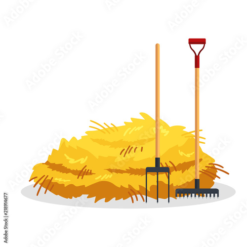 Bale of hay isolated on white background. Flat dried haystack with forks and rake, farming haymow bale hayloft, agricultural rural haycock - vector illustration