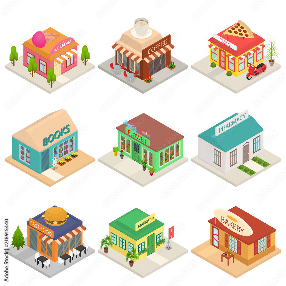 Commercial City Shops Signs 3d Icons Set Isometric View. Vector