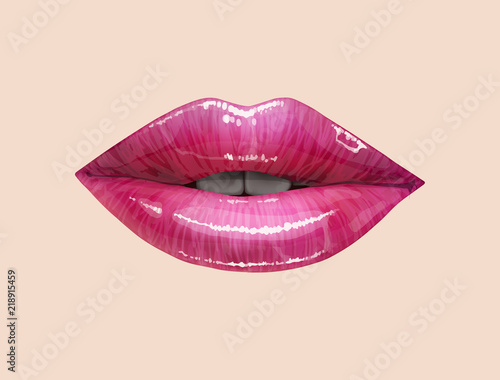 Purple sexy juicy lips collection. Vector lipstick or lip gloss 3d realistic illustration.