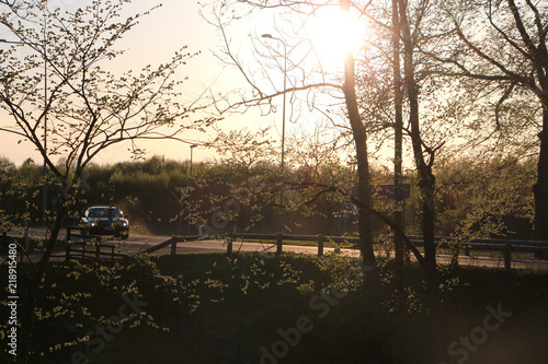 Car at sunset in spring cloud of dust  car and a road  warm  dusty evening