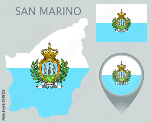 Colorful flag, coat of arms, map pointer and map of San Marino in the colors of the San Marino flag. High detail. Vector illustration