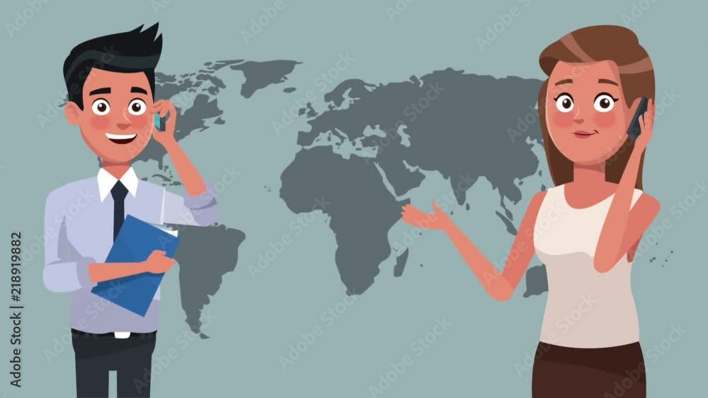 Business couple talking with smartphone on world map high definition animation colorful scenes Business couple talking with smartphone on world map high definition animation colorful scenes