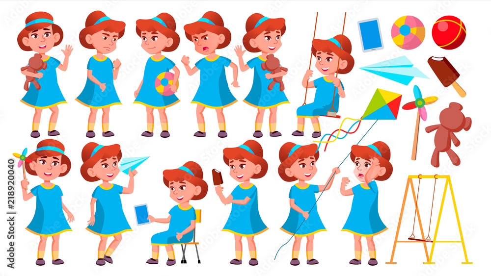 Girl Kindergarten Kid Poses Set Vector. Happy Children Character. Babysitting. For Advertisement, Greeting, Announcement Design. Isolated Cartoon Illustration Girl Kindergarten Kid Poses Set Vector. Happy Children Character. Babysitting. For Advertisement, Greeting, Announcement Design. Isolated Cartoon Illustration