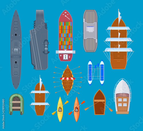 Pleasure boats and warships, sea ships, sport canoe, vessels, ferry.