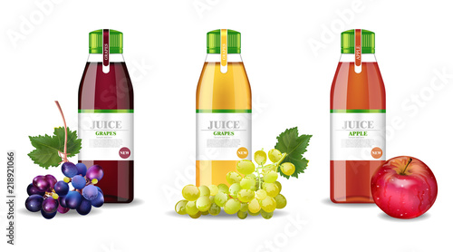 Apple and grapes juices set Vector realistic. Product packaging mock up. Label design glass bottles