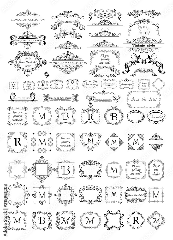 Collection of beautiful frames, vignettes and headers for monogram, wedding design, menu card, restaurant, cafe, hotel, jewellery store, logo templates