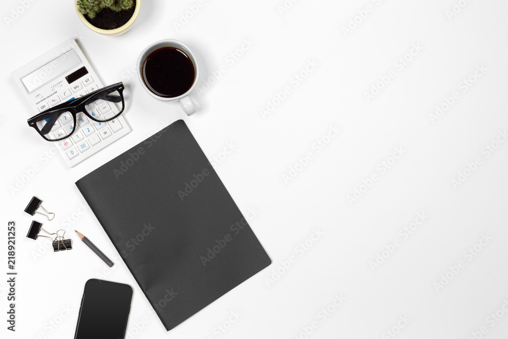 Naklejka premium Blank office desk background with copy space for your text. Top view.