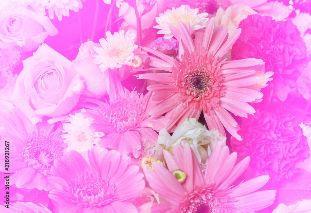 Group of gerbera and roses flowers with soft bokeh in pastel tone for background. Group of gerbera and roses flowers with soft bokeh in pastel tone for background.