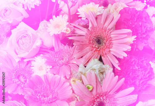 Group of gerbera  and roses flowers with soft bokeh in pastel tone for background.
