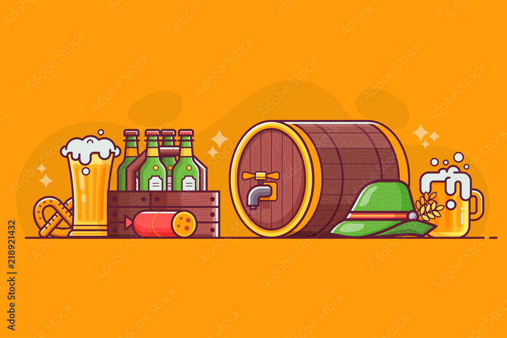 Brewery Concept Illustration With Craft Beer Icons And Elements In Flat Design Craft Beer Party Banner For Pub Celebration Bottles Glasses Mugs Barrel And Snacks Stock Vector Adobe Stock