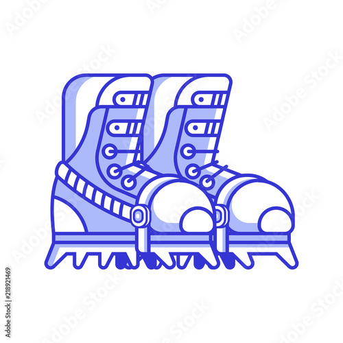High mountain climbing boots icon in line style. Mountaineering and ice snow hiking climbing footwear emblem in flat design. Alpine touring and extreme sport shoes with crampons.