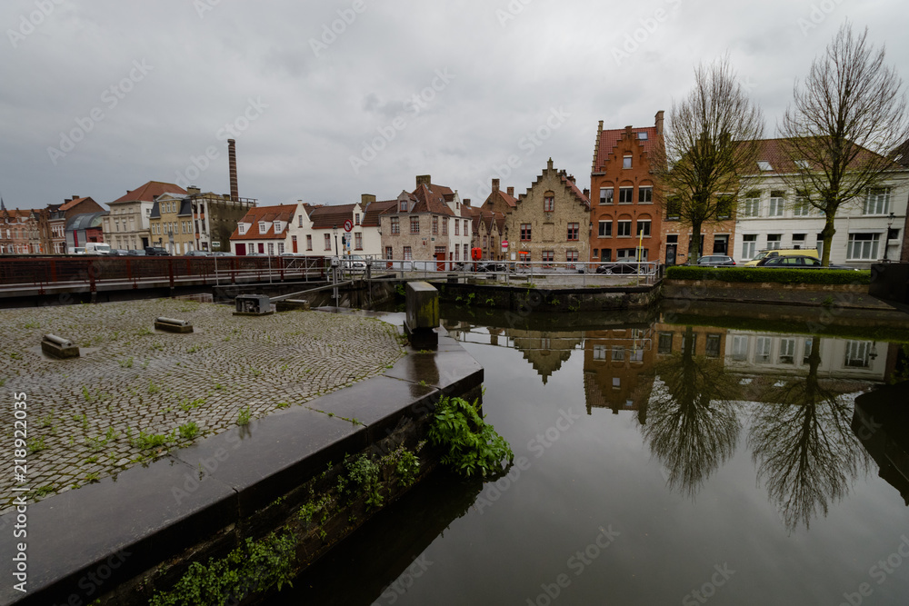 Cityscape of Flanders, BRUGES, Belgium BELGIUM - 30 April 2018. Water canal in Bruges.