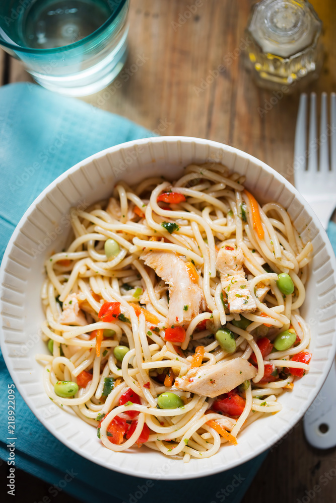 Sweet chilli chicken pasta salad with edamame and red peppers