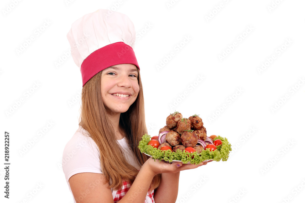 happy little girl cook with meatballs on plate happy little girl cook with meatballs on plate
