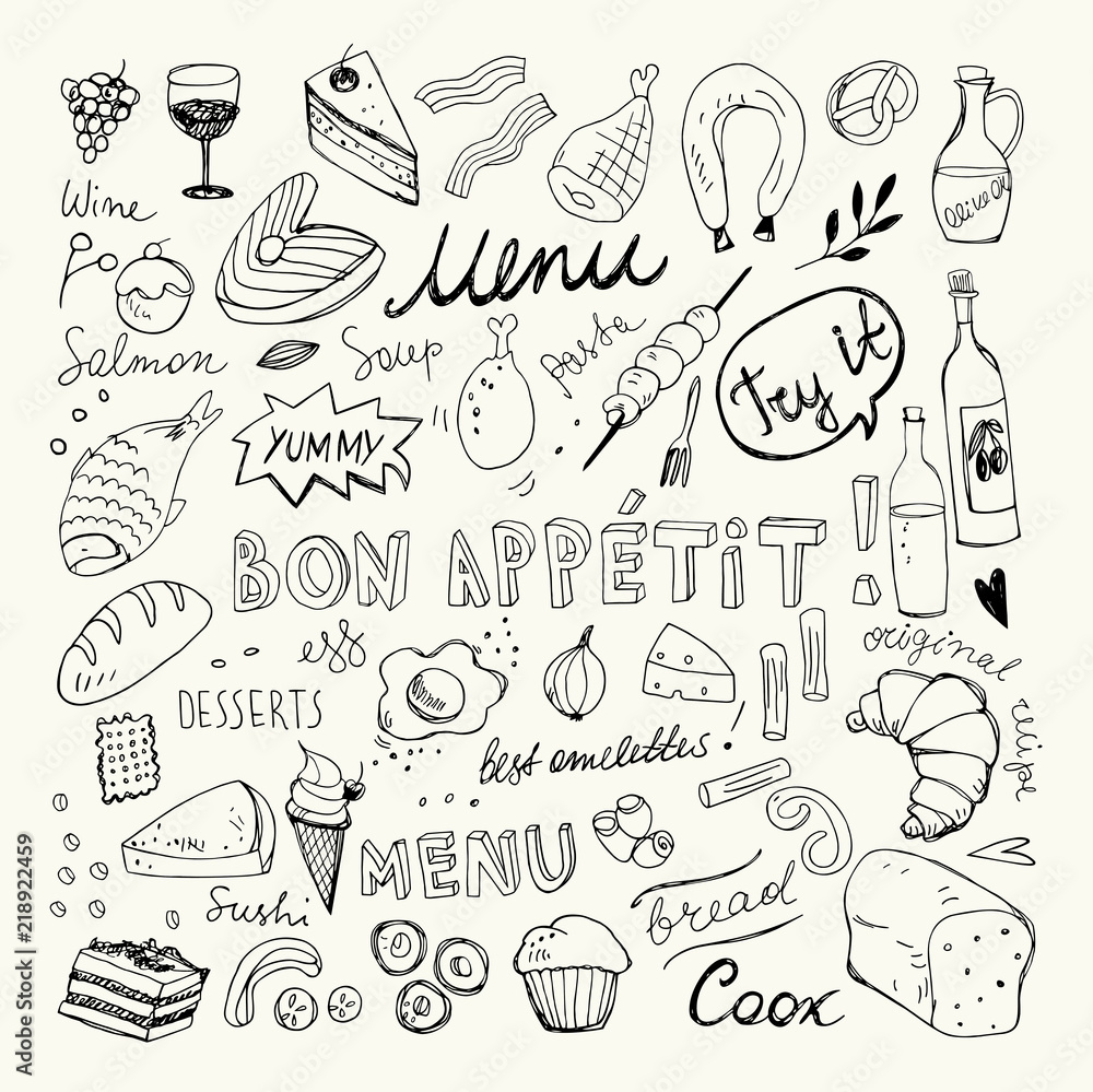 Restaurant Doodle Set. Hand Drawn Vector Illustration. Pencil Ink Drawing. Bon Appetit Food Collection 