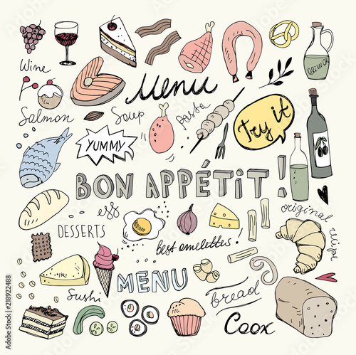 Restaurant Doodle Set. Hand Drawn Vector Illustration. Pen Ink Drawing. Bon Appetit Food Collection 