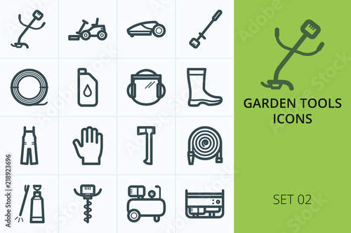 Garden tools icons set. Set of garden lawn mower, gas trimmer grass, lawn mower robot, pole saw, gloves, trimmer line, auger tools isolated vector icons