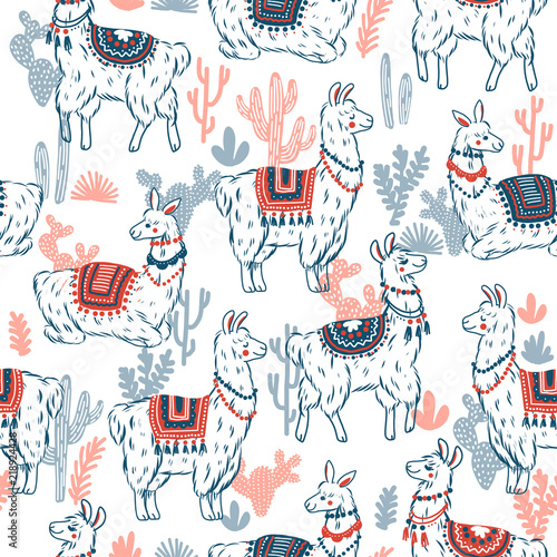 Sweet llamas cacrus seamless pattern. Alpaca kid illustration. Summer style graphic. Vector illustration