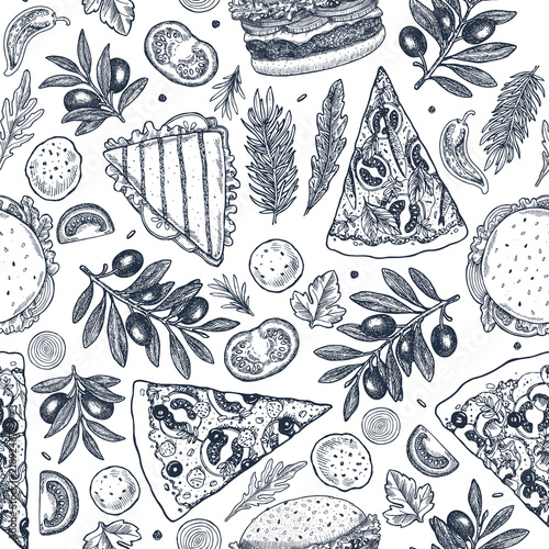 Fast food background. Linear graphic. Snack collection. Junk food. Engraved seamless pattern. Vector illustration