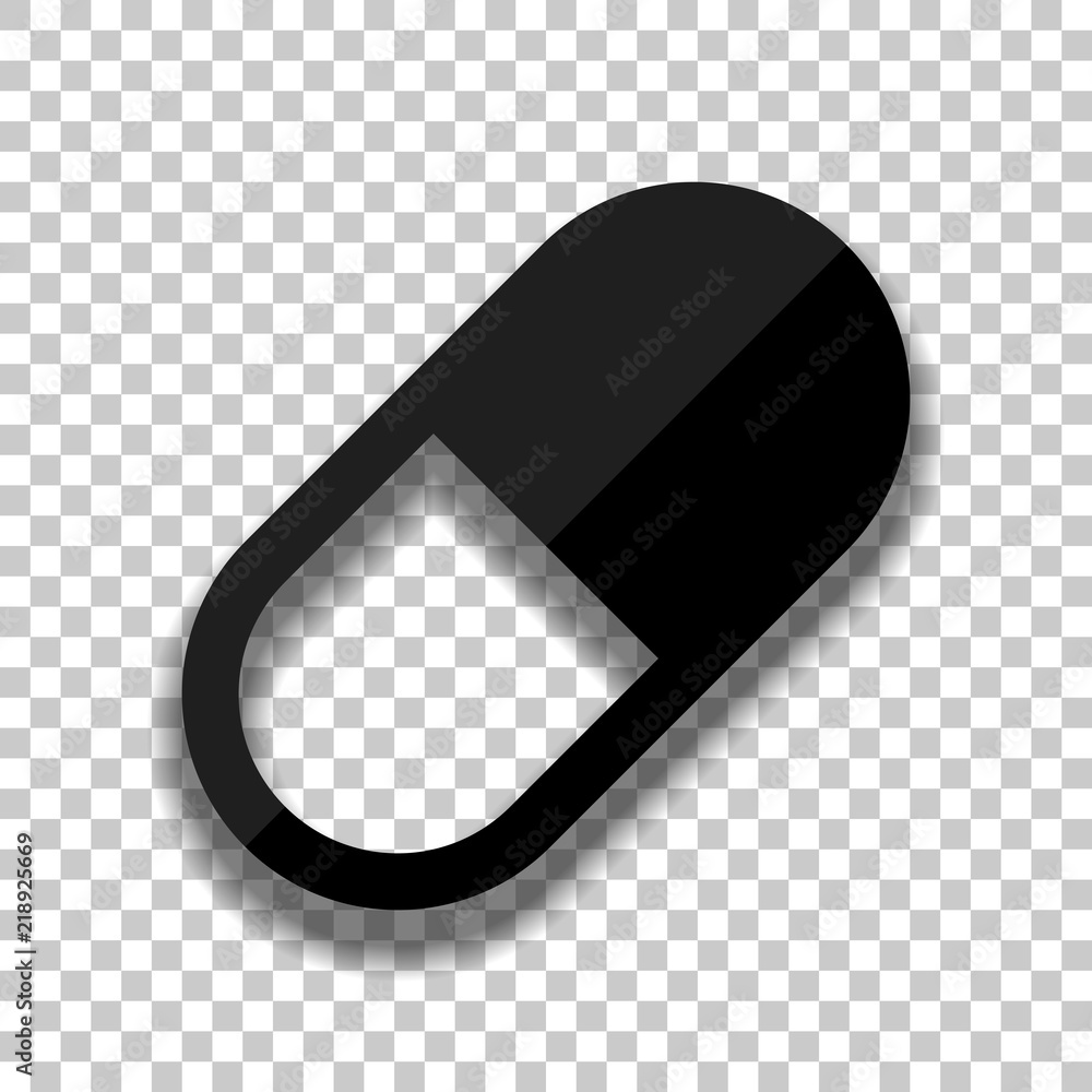 simple symbol of pill or vitamin. Black glass icon with soft sha simple symbol of pill or vitamin. Black glass icon with soft sha