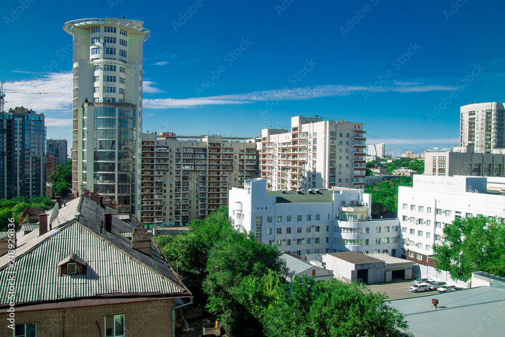 Khabarovsk city view of roofs and buildings from above